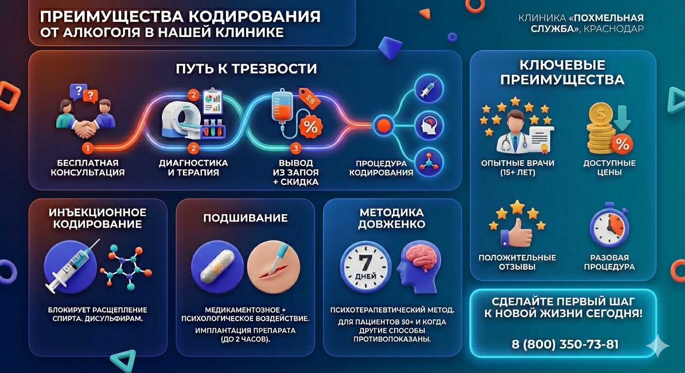 Инфографика о методах кодирования от алкоголя в Супонево: инъекции, подшивание, метод Довженко. Преимущества клиники и этапы лечения.